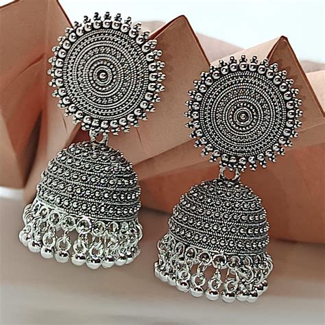 Silver Oxidised Jhumka Earrings | Indifeels