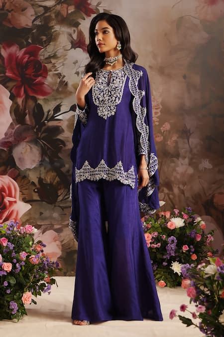 Buy Purple Silk Cut Work, Sequins Scallop Border Embroidered Cape ...