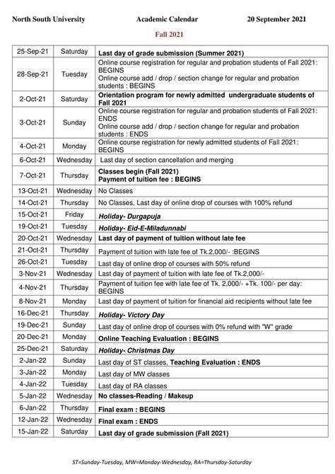 NSU BBA Courses and Faculty Assessment - Academic Calendar-Fall 2021 ...