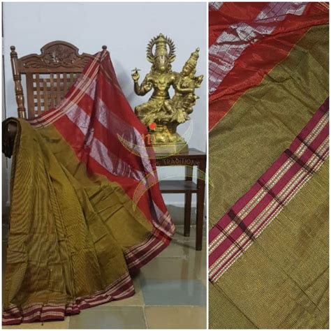 Mehendi green handloom cotton narayanpet Saree with pin striped checks ...