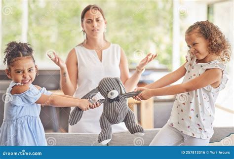 Toys, Fight and Kids with Angry Children in Conflict while Mother ...