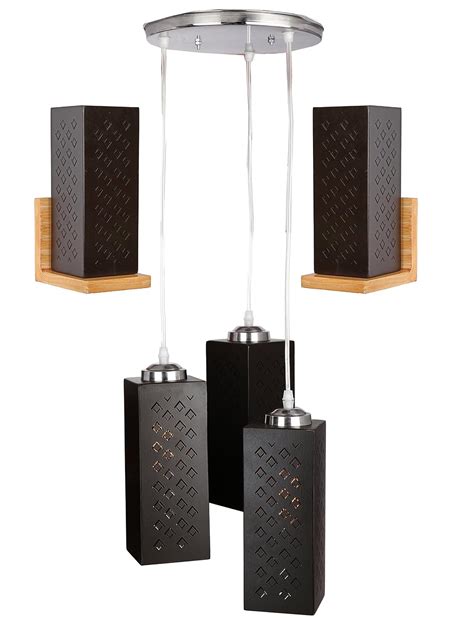 Somil Wood Lamp Combo of 2 Wall Lamp & 1 Three Shade Ceiling Lamp ...
