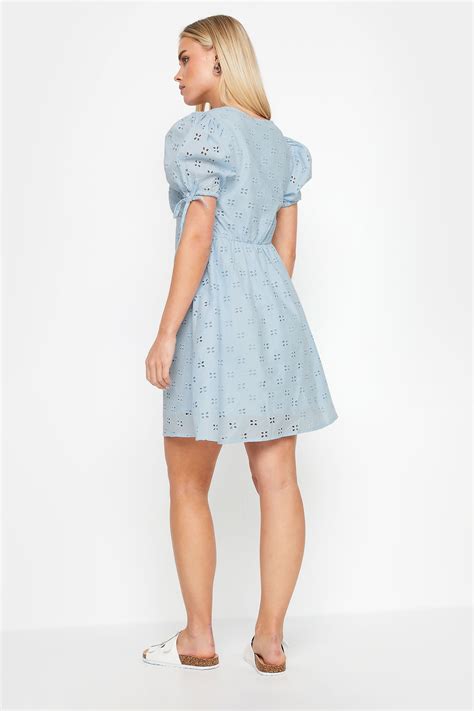 PixieGirl Petite Women's Blue Tie Sleeve Broderie Mini Dress | PixieGirl