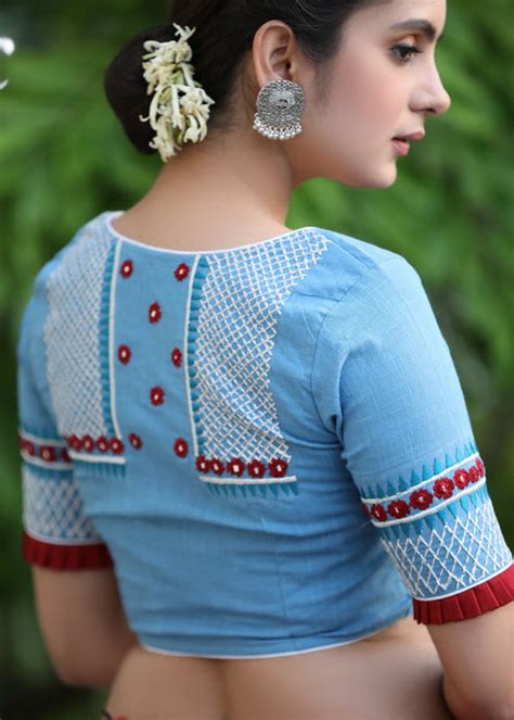 Powder Blue Cotton Blouse with Contrast Embroidery at the Back and on ...