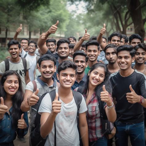 Premium Photo | Indian college student group showing thumbs up at college campus