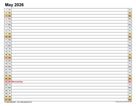 May 2026 Calendar | Templates for PDF, Excel and Word