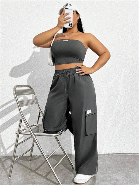 SHEIN EZwear Plus Size Set Of Cropped Bandeau Top And Elastic Waist ...