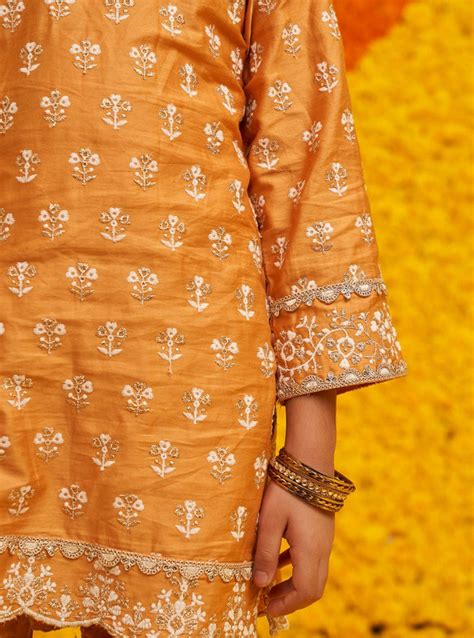 Mulmul Pima Satin Becca Orange Kurta With Mulmul Pima Satin Becca Oran