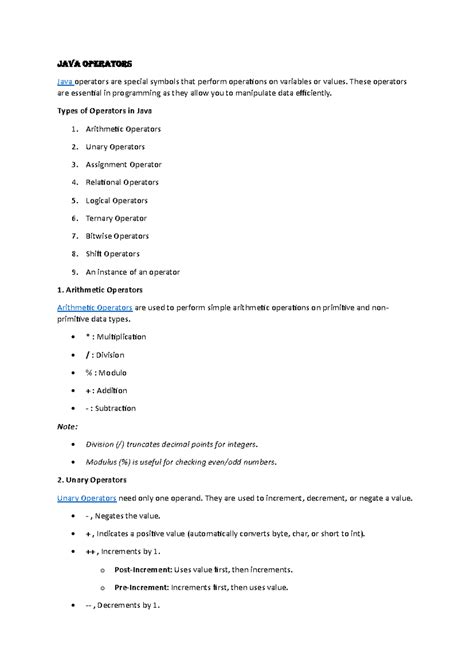 Java Operators Overview: Types, Precedence & Usage - Studocu