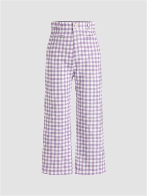 Purple Gingham Trousers For School Daily Casual Date Work