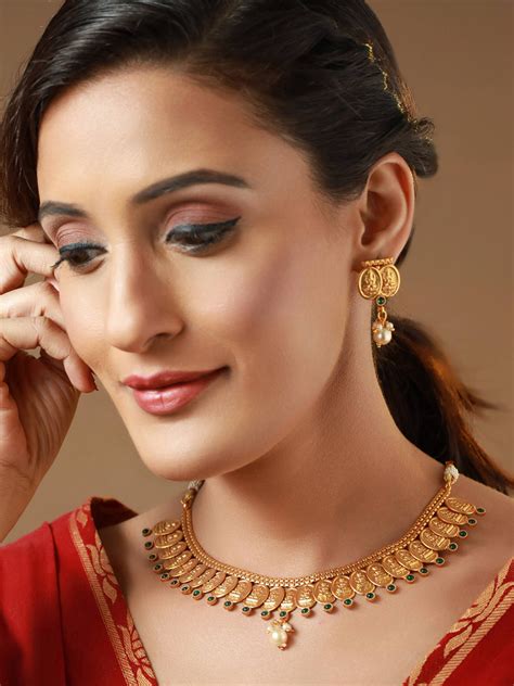 Priyaasi Goddess Laxmi Studded Pearl Drop Gold Plated Jewellery Set