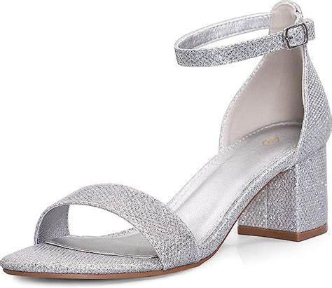 Pennysue Women's Silver Glitter Chunky Low Heels Sandals, Ankle Strap ...