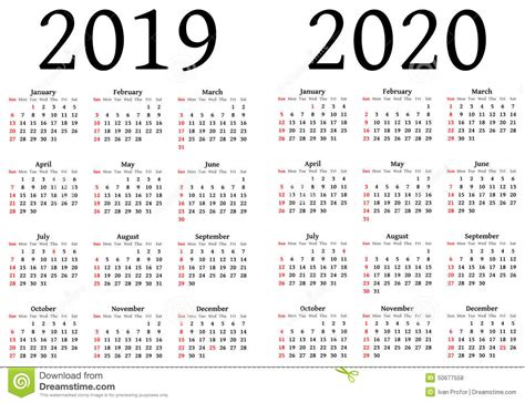 日历在2019年和2020年 向量例证. 插画 包括有 计划, 使用, 模板, 向量, 字体, 范围, 细体 - 50677558