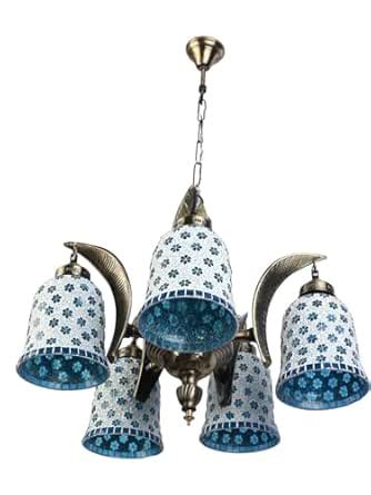 Buy Somil Antique 5-Light Chandelier with Mosaic Glass Shades, Firozi ...
