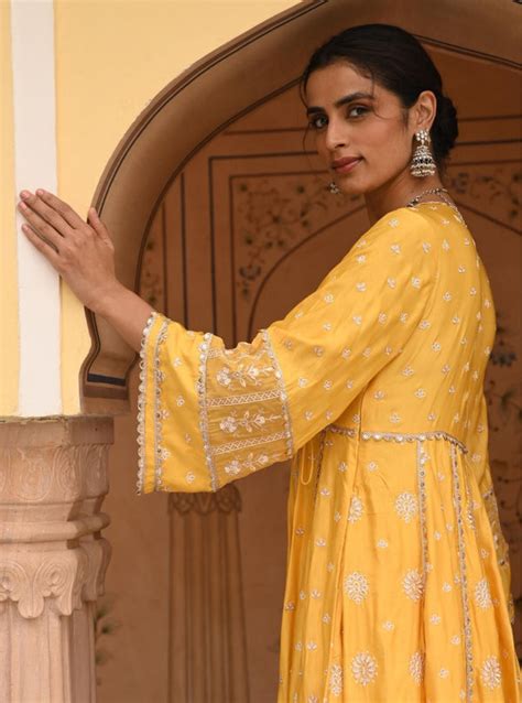 Mulmul Modal Satin Chaiyya Yellow Anarkali Kurta with Mulmul Modal Sat