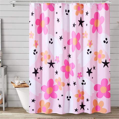 Ouyattle Cute Pink Halloween Shower Curtain for Bathroom Aesthetic ...