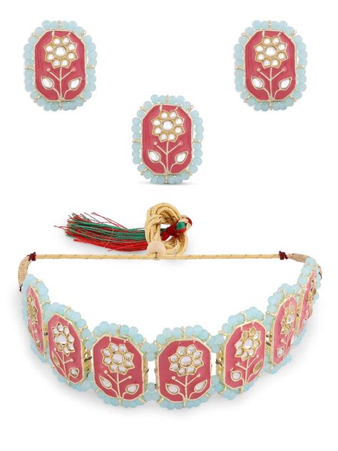 ZAVERI PEARLS Pink Meenakari Kundan Flowers Turquoise Beaded Choker ...