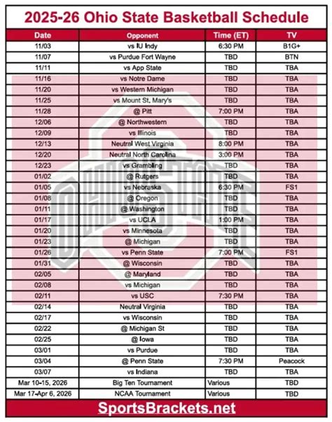 Printable 2025-26 Ohio State Basketball Schedule; PDF format, TV ...