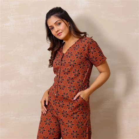 Red Ajrakh Print Cotton Jumpsuit – Vivika Fashion