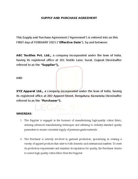 Task 4 Supply AND Purchase Agreement - SUPPLY AND PURCHASE AGREEMENT ...