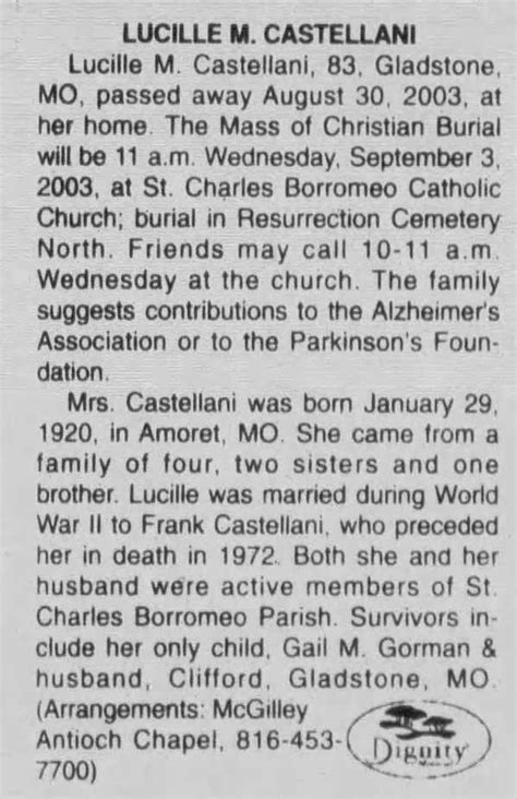 2003 Sept 1, Mon. Obituary Lucille M. Castellani, nee Nahon. The Kansas ...