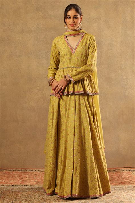 Handwoven Lemon Green Pure Silk Georgette Embroidered Sharara Set ...