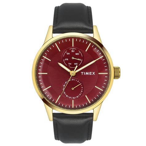 TIMEX Analog Watch for Man with Red Round Dial & Black Leather Strap ...
