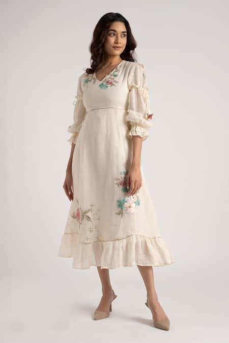 Buy Off White Linen Embroidery V-neck Corsage Bed Roses Dress For Women ...