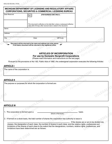 Michigan Articles of Incorporation for Domestic Nonprofit Corporation ...