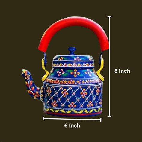 Hand Painted Aluminum Blue Tea Kettle With Wooden Trolley Set ...