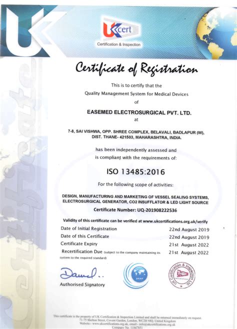 ISO 13485 Certificate - EASEMED ELECTROSURGICAL PRIVATE LIMITED from ...
