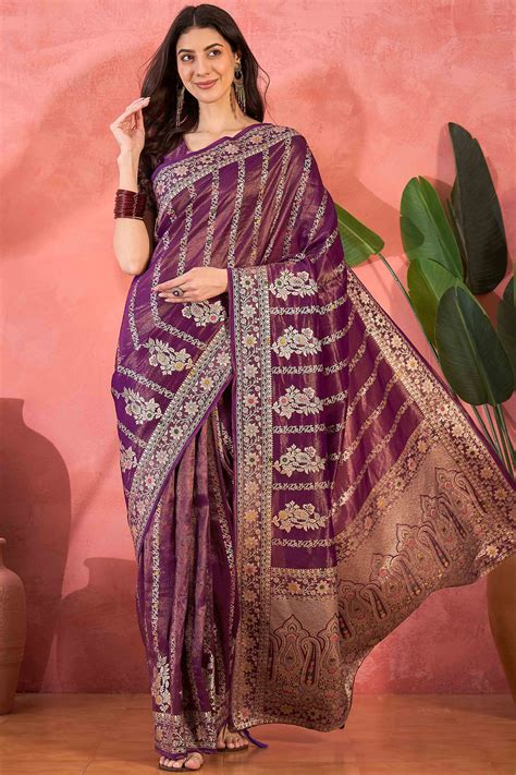 Floral Zari Woven Purple Saree In Shimmer Finish With Elegant Tassel P
