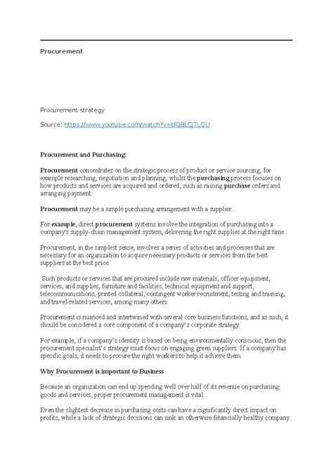 Aditonal Notes- Procurement - Procurement Procurement strategy Source ...