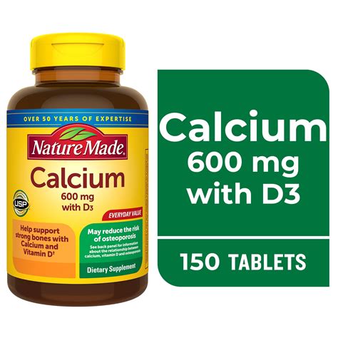 Nature Made Calcium 600 mg with Vitamin D3 Tablets, Dietary Supplement, 150 Count - Walmart.com
