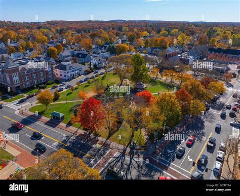 Town Common aerial view in fall with foliage in historic town center of ...