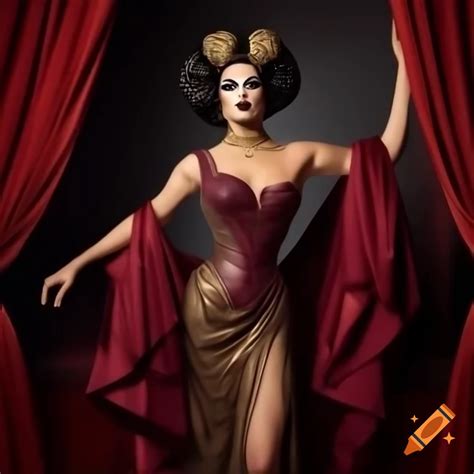 Minerva muse's avant-garde fashion with floor-length burgundy gown on ...