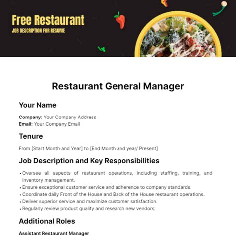 Free Restaurant Manager Job Description for Resume Template to Edit Online