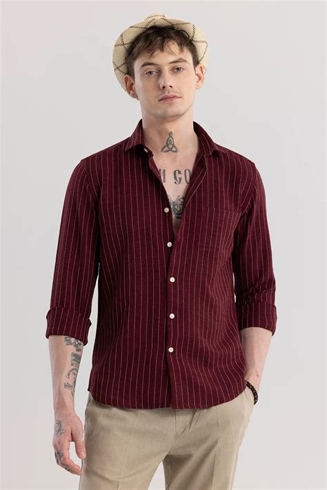 Buy Men's Maroon Stripe Slim Fit Shirt Online | Snitch – SNITCH