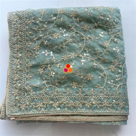 Fiza Aqua Blue Floral Embroidered Organza Dupatta – anokherang