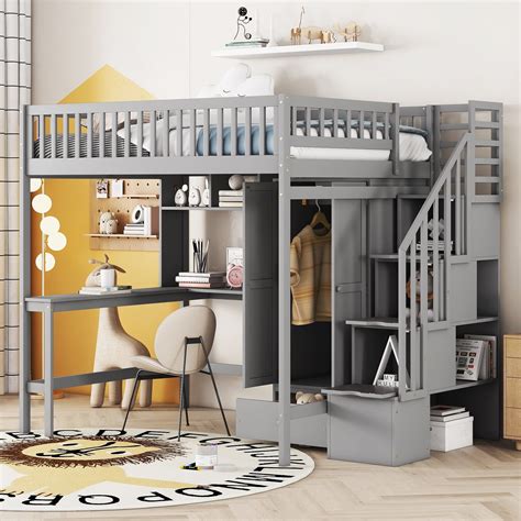 Bellemave Full Size Loft Bed with Stairs and Wardrobe, Wood Loft Beds ...