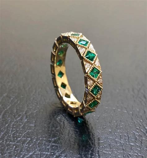 18K Yellow Gold Art Deco Eternity Diamond Princess Cut Emerald ...