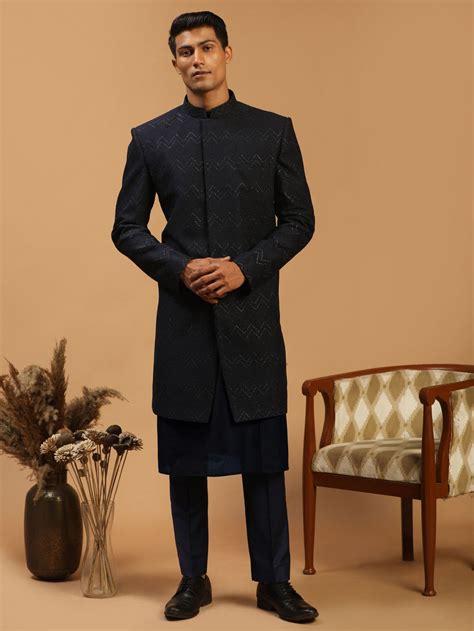 Vastramay Men's Navy Blue Glitter Indo Western Sherwani With Kurta Pan ...