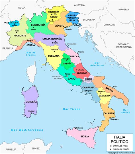 Mapa de Italia: Ciudades y Regiones (Político y Físico)