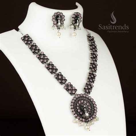 Dancing Peacock Oxidised Silver Tone Necklace with Pearl Drops – Sasitrends