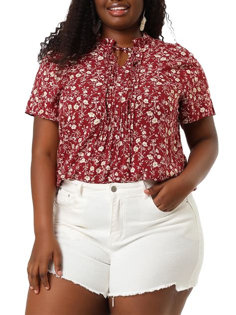 Agnes Orinda Women's Plus Size Spring Floral Tie Neck Short Sleeve ...