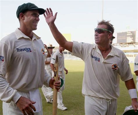 Shane Warne and Matthew Hayden celebrate test match win in Sharjah ...