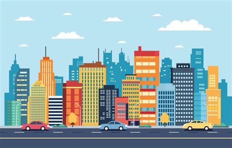 Highway Street with Cityscape Landscape in Bright Day Flat Design ...