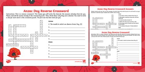 Anzac Day Reverse Crossword