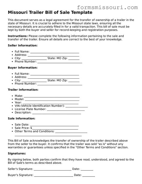 Valid Missouri Trailer Bill of Sale Forms ᐈ Blank PDF Template
