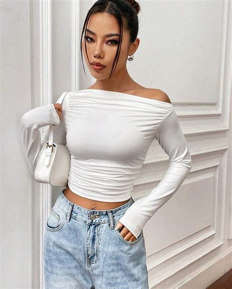 Y2K Long Sleeve Off Shoulder White Crop Top | Littlebox India